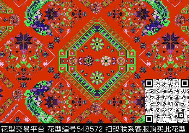 抽象几何欧式花纹鱼创意华亿平台传统印花华亿平台下载（图片编号: 548572） - 瓦栏（Walan）