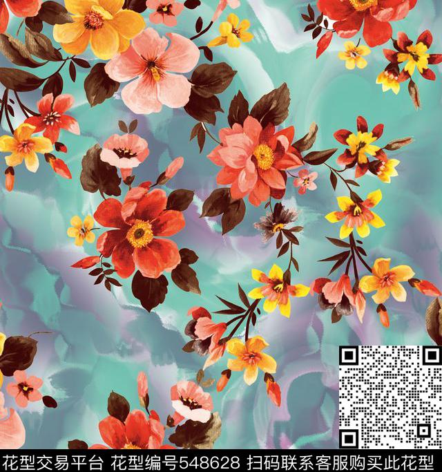 花卉潮流时尚大牌手绘油画小花数码印花华亿平台下载（图片编号: 548628） - 瓦栏（Walan）