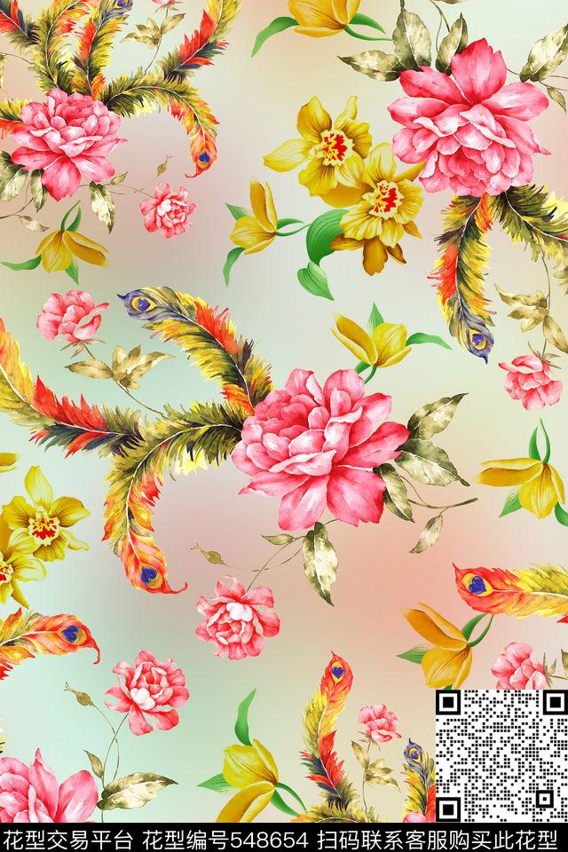 狗尾巴草花朵孔雀羽毛数码印花华亿平台下载（图片编号: 548654） - 瓦栏（Walan）