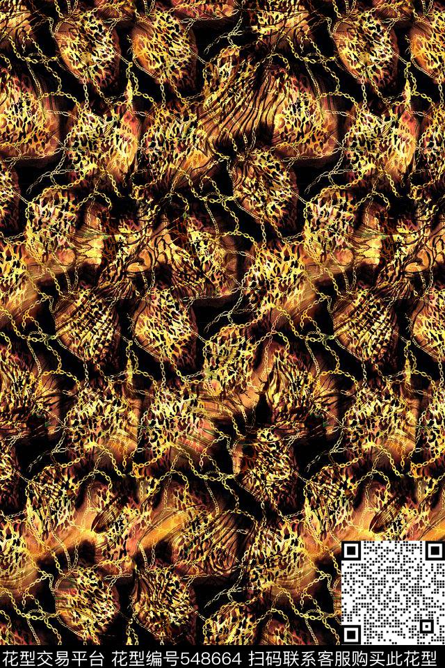 复古豹纹经典炫彩豹纹金属链条大牌女装数码印花华亿平台下载（图片编号: 548664） - 瓦栏（Walan）