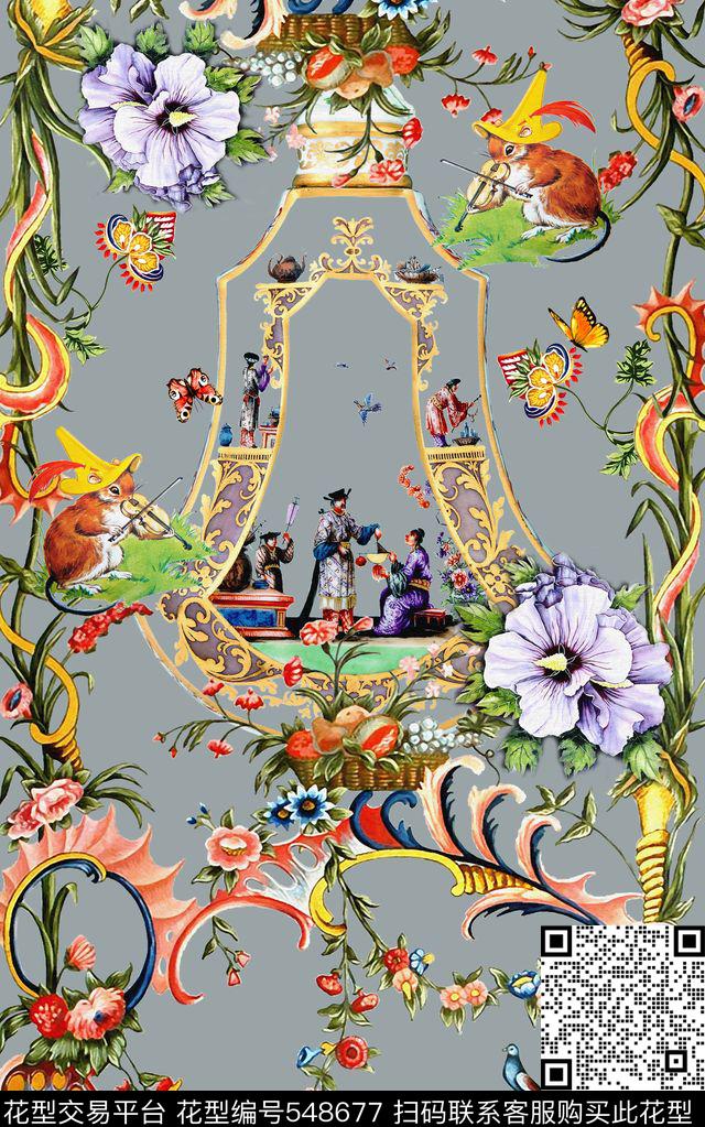 动物复古花卉数码印花华亿平台下载（图片编号: 548677） - 瓦栏（Walan）