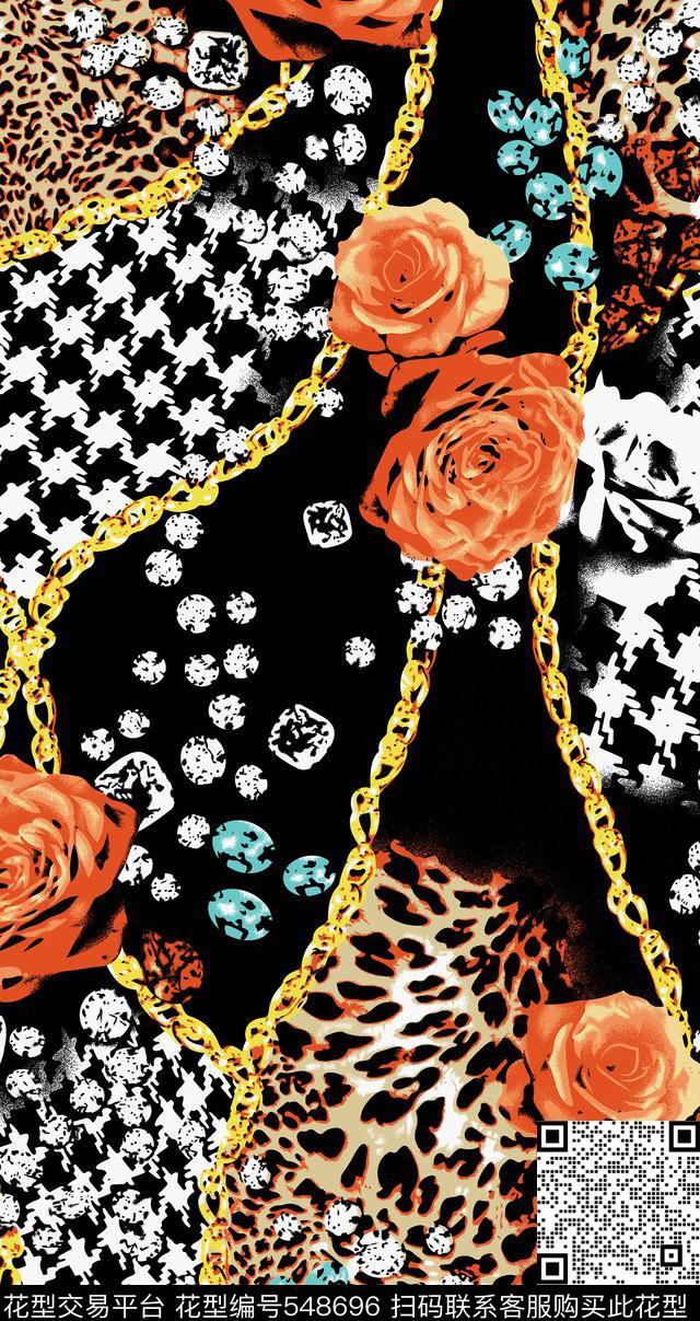 玫瑰锁链豹纹传统印花华亿平台下载（图片编号: 548696） - 瓦栏（Walan）