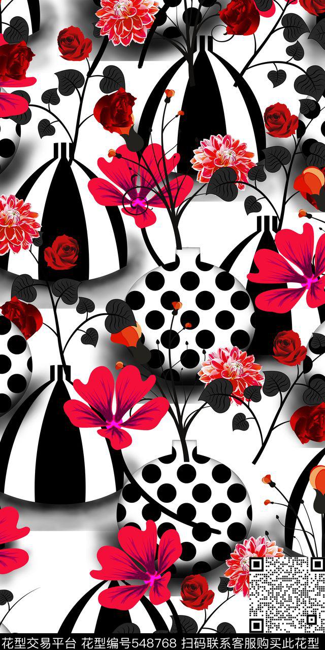 欧款手绘几何花瓶数码印花华亿平台下载（图片编号: 548768） - 瓦栏（Walan）