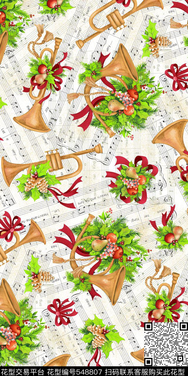 圣诞音符乐器花卉传统印花华亿平台下载（图片编号: 548807） - 瓦栏（Walan）