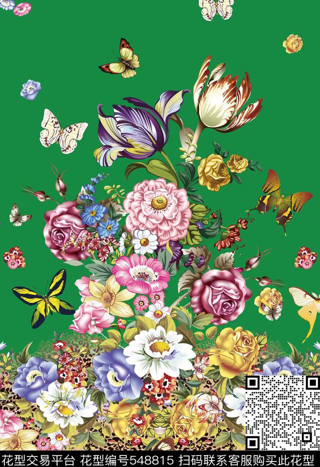 定位绿底手绘豹纹复古花定位女装古典中国风传统印花华亿平台下载（图片编号: 548815） - 瓦栏（Walan）