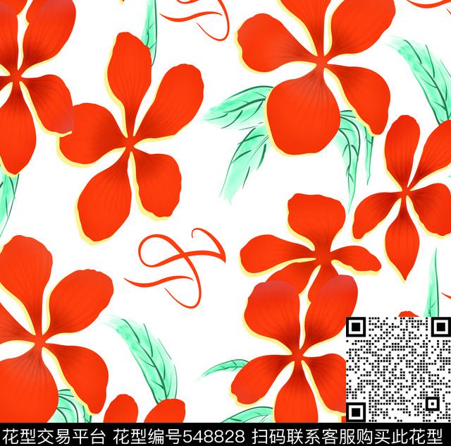 抽象花卉抽象大红花卉手绘花数码印花华亿平台下载（图片编号: 548828） - 瓦栏（Walan）