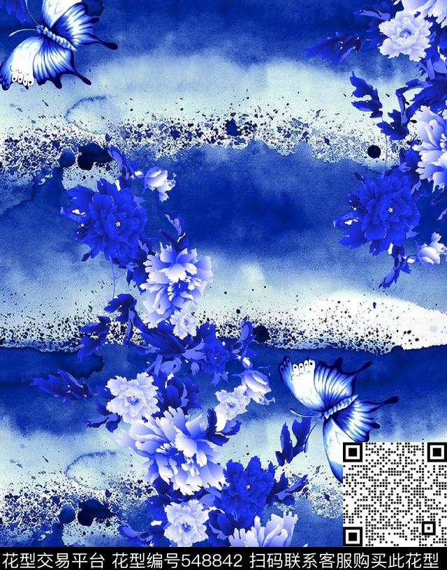 抽象纹理青花花卉中国风数码印花华亿平台下载（图片编号: 548842） - 瓦栏（Walan）