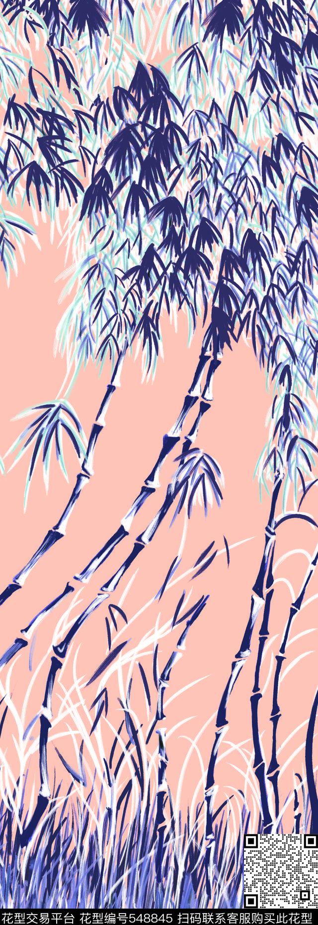 手绘竹叶花抽象花卉手绘花卉数码印花华亿平台下载（图片编号: 548845） - 瓦栏（Walan）