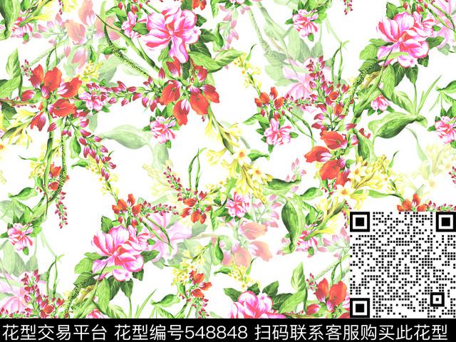 抽象花卉手绘花卉绿叶红花数码印花华亿平台下载（图片编号: 548848） - 瓦栏（Walan）