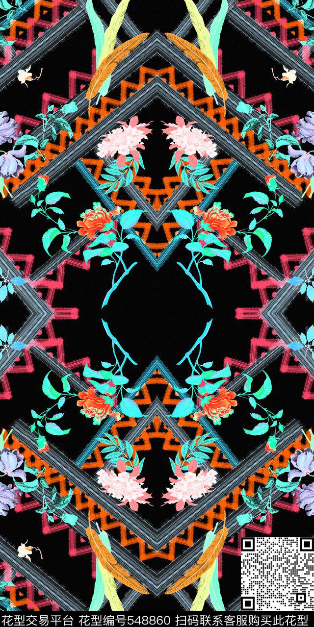 抽象几何花卉民族数码印花华亿平台下载（图片编号: 548860） - 瓦栏（Walan）