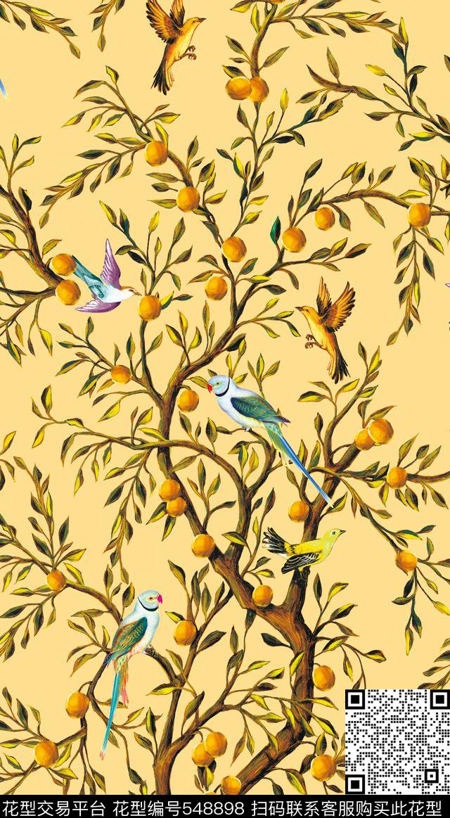 潮流时尚大牌油画柠檬树小鸟数码印花华亿平台下载（图片编号: 548898） - 瓦栏（Walan）