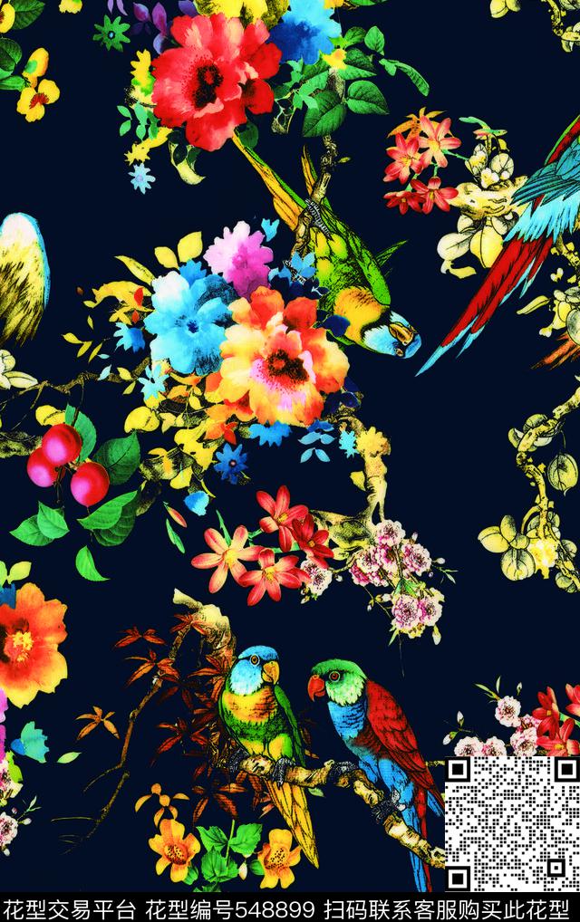 彩色鲜花鹦鹉数码印花华亿平台下载（图片编号: 548899） - 瓦栏（Walan）