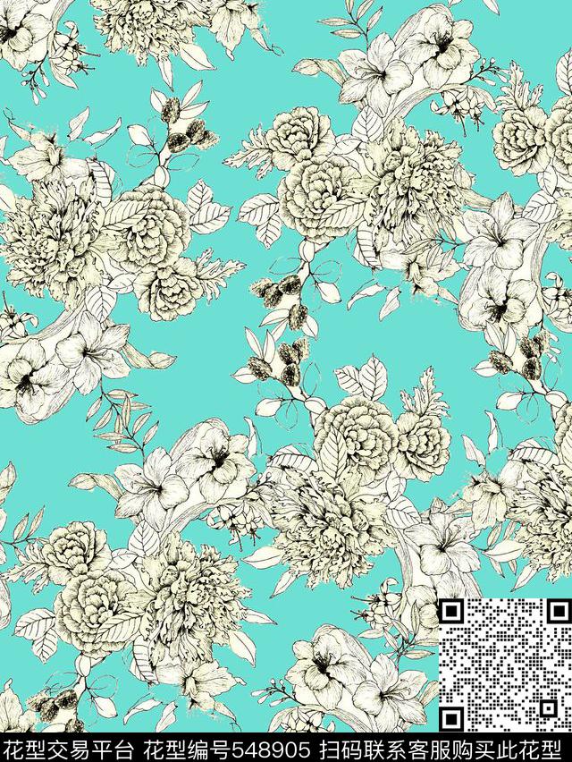 中国风抽象时尚花朵数码印花华亿平台下载（图片编号: 548905） - 瓦栏（Walan）