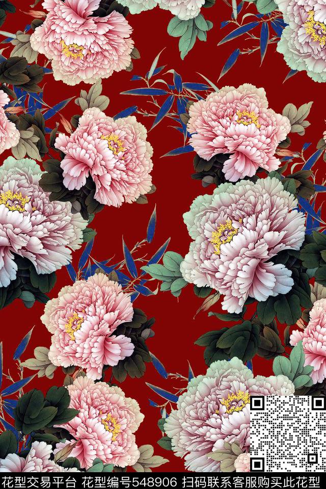中国风工笔花朵高贵数码印花华亿平台下载（图片编号: 548906） - 瓦栏（Walan）