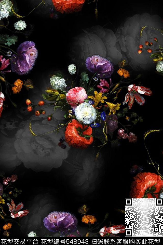 欧式花卉黑白影花连衣裙雪纺数码印花华亿平台下载（图片编号: 548943） - 瓦栏（Walan）