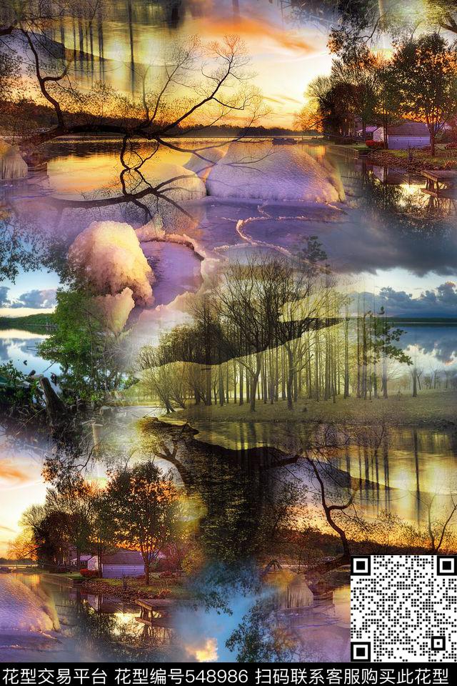 风景照片夕阳湖畔风景数码印花华亿平台下载（图片编号: 548986） - 瓦栏（Walan）