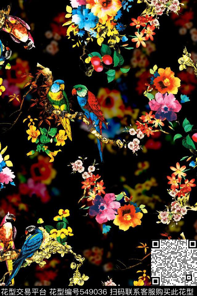 花卉鸟鹦鹉手绘时尚大牌水彩花鸟E【动物昆虫】数码印花华亿平台下载（图片编号: 549036） - 瓦栏（Walan）