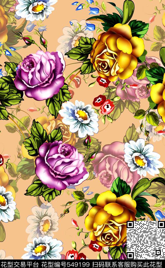 矢量高清大花女装连衣裙沙发布数码印花华亿平台下载（图片编号: 549199） - 瓦栏（Walan）