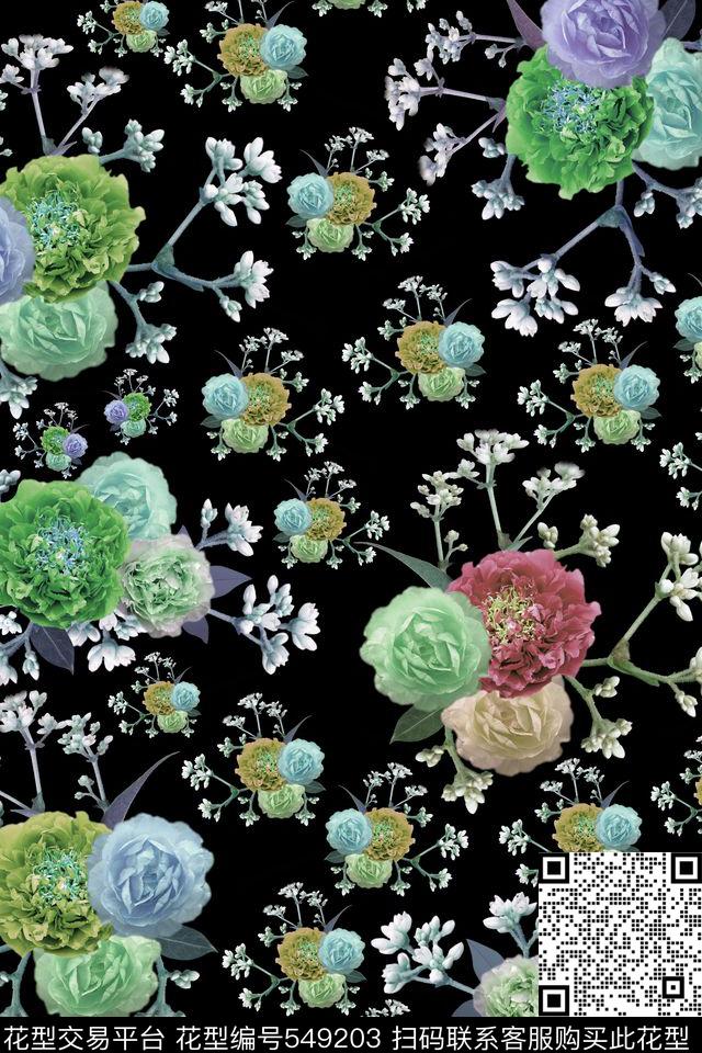 富贵黑白花卉数码印花华亿平台下载（图片编号: 549203） - 瓦栏（Walan）