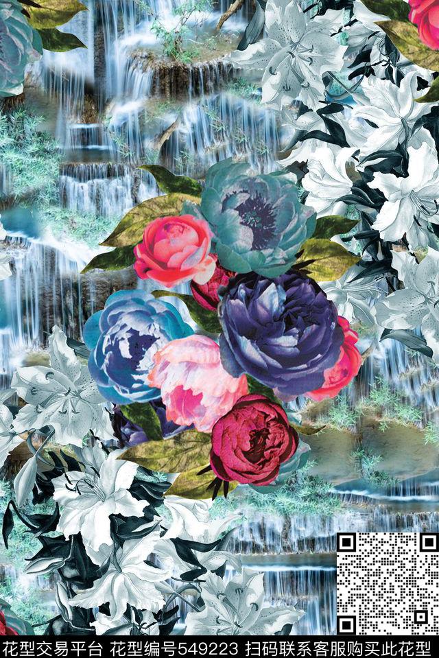服装设计时尚大牌欧美风格田园风景小瀑布大花花卉数码印花华亿平台下载（图片编号: 549223） - 瓦栏（Walan）