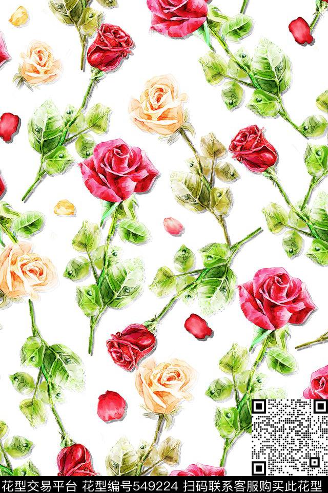 手绘时尚素雅油画玫瑰抽象写意花卉I【花卉】数码印花华亿平台下载（图片编号: 549224） - 瓦栏（Walan）