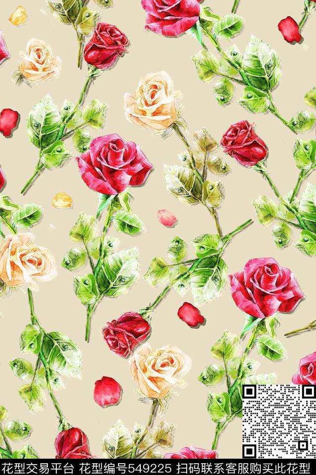 手绘时尚素雅油画玫瑰抽象写意花卉I【花卉】数码印花华亿平台下载（图片编号: 549225） - 瓦栏（Walan）