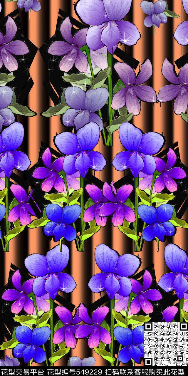 手绘紫罗兰几何线条数码印花华亿平台下载（图片编号: 549229） - 瓦栏（Walan）