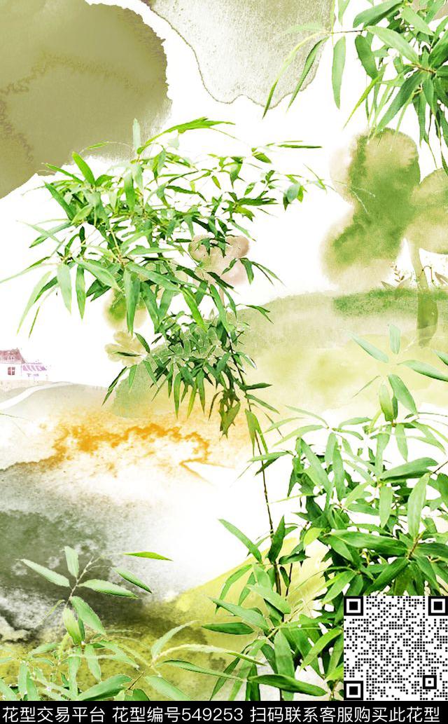 定位水墨画竹子数码印花华亿平台下载（图片编号: 549253） - 瓦栏（Walan）