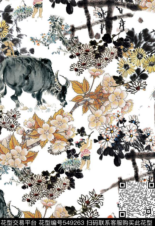民族风牛国画数码印花华亿平台下载（图片编号: 549263） - 瓦栏（Walan）