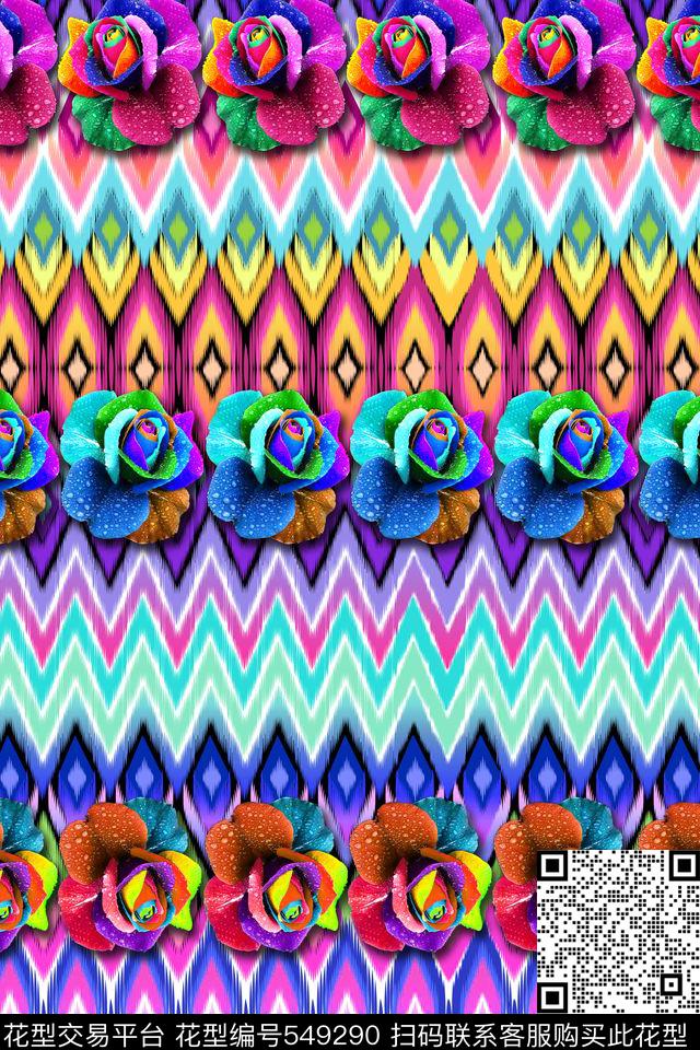 民族风七彩玫瑰服装布艺数码印花华亿平台下载（图片编号: 549290） - 瓦栏（Walan）