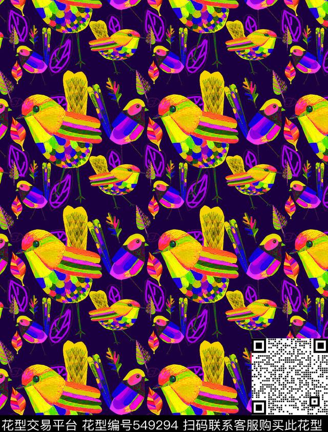 鸟卡通民族风鸟昆虫图案数码印花华亿平台下载（图片编号: 549294） - 瓦栏（Walan）