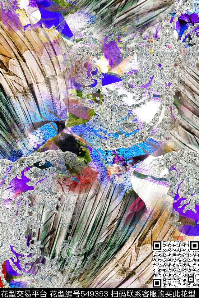 中国风花朵大气抽象几何数码印花华亿平台下载（图片编号: 549353） - 瓦栏（Walan）