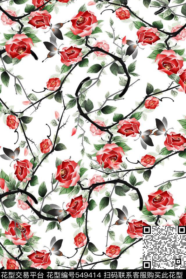 流行时尚清新清爽花卉服装连衣裙玫瑰枝条蜜蜂花卉传统印花华亿平台下载（图片编号: 549414） - 瓦栏（Walan）