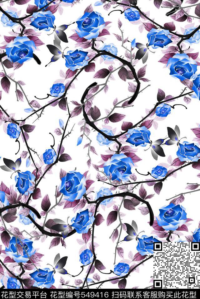 流行时尚清新花卉服装连衣裙玫瑰枝条蜜蜂花卉传统印花华亿平台下载（图片编号: 549416） - 瓦栏（Walan）