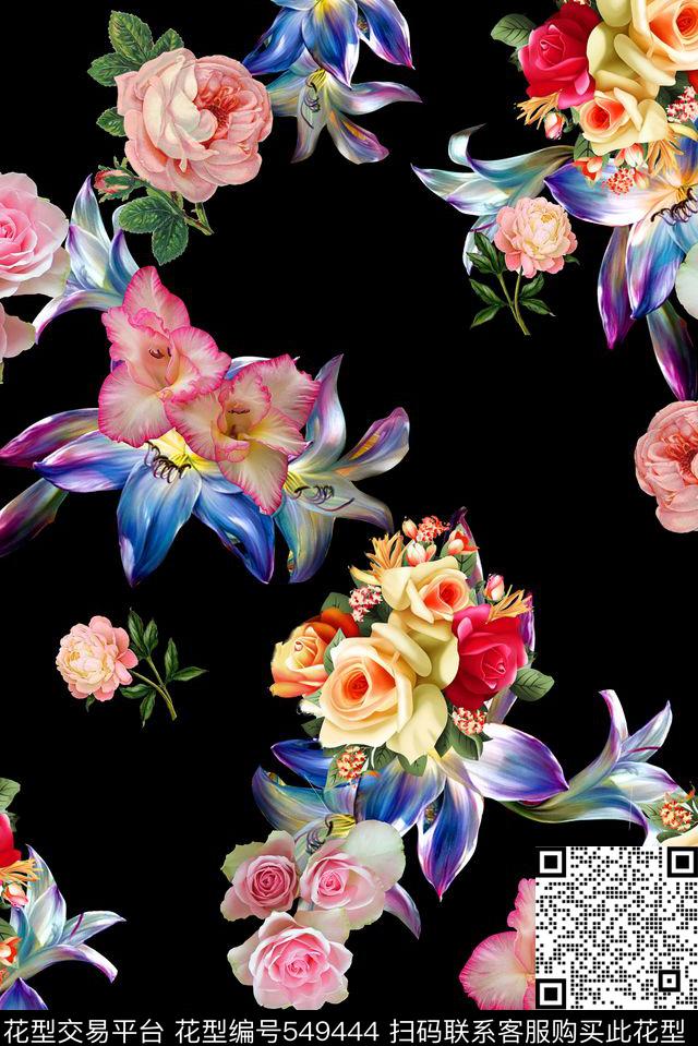 春夏黑底大花卉数码印花华亿平台下载（图片编号: 549444） - 瓦栏（Walan）