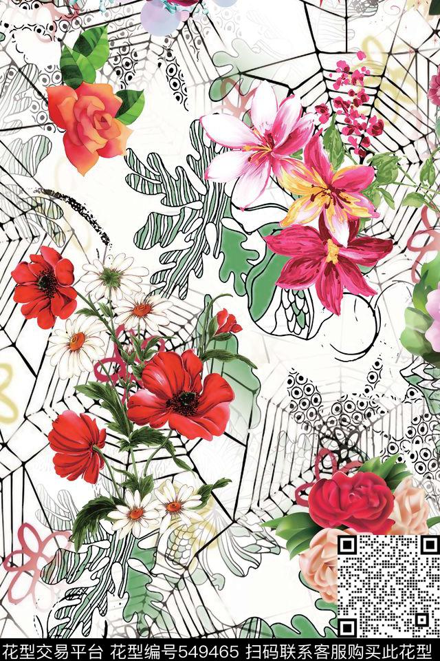 抽象几何手绘花完美结合数码印花华亿平台下载（图片编号: 549465） - 瓦栏（Walan）