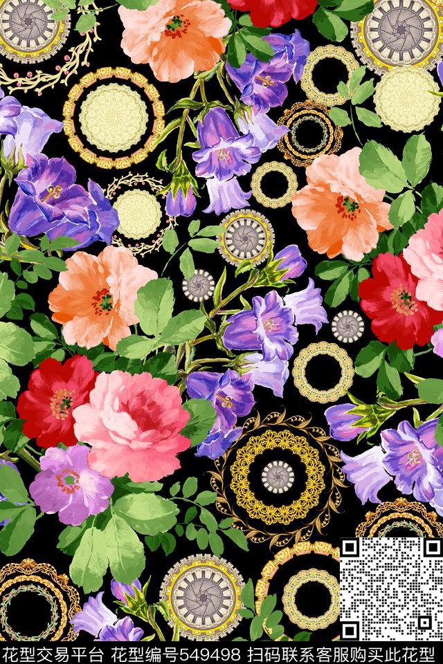 花朵圆盘树叶数码印花华亿平台下载（图片编号: 549498） - 瓦栏（Walan）