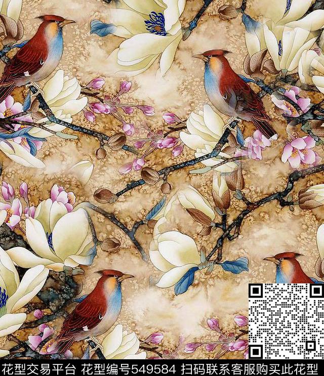 中国风小鸟栖树玉兰花数码印花华亿平台下载（图片编号: 549584） - 瓦栏（Walan）
