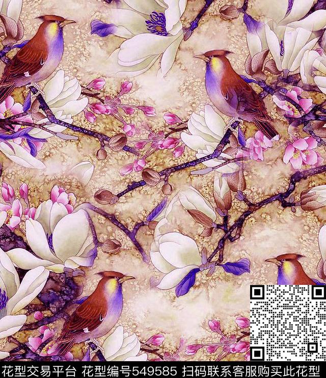 中国风小鸟栖树玉兰花数码印花华亿平台下载（图片编号: 549585） - 瓦栏（Walan）