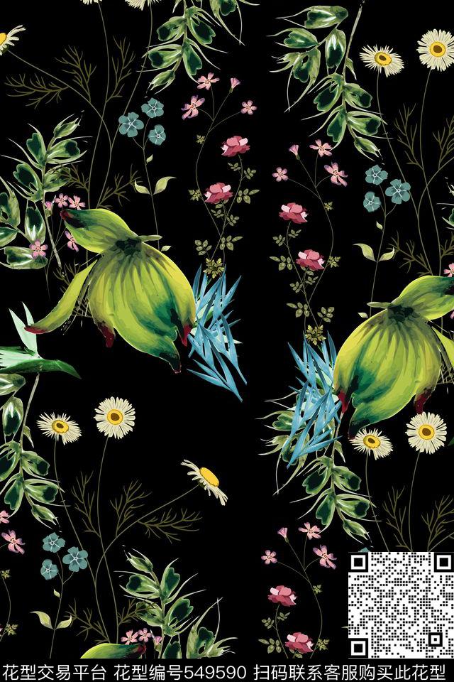 女装四方连续花鸟植物数码印花华亿平台下载（图片编号: 549590） - 瓦栏（Walan）