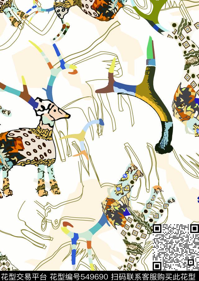抽象花卉抽象动物手绘羊传统印花华亿平台下载（图片编号: 549690） - 瓦栏（Walan）