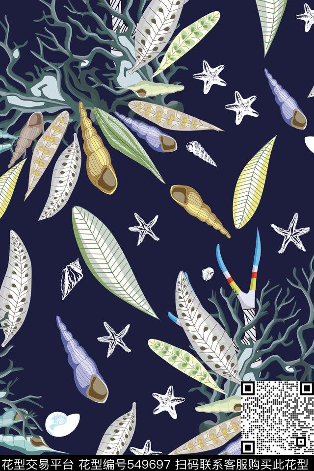 贝壳海螺海洋生物传统印花华亿平台下载（图片编号: 549697） - 瓦栏（Walan）