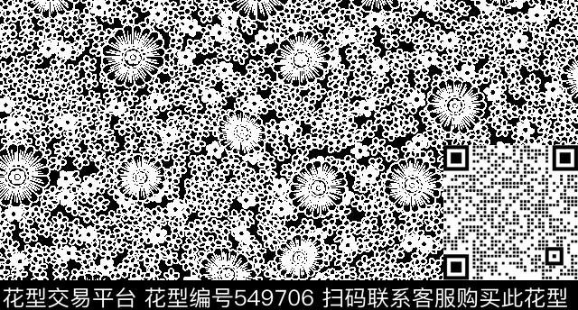 流行时尚小花朵黑白稿传统印花华亿平台下载（图片编号: 549706） - 瓦栏（Walan）