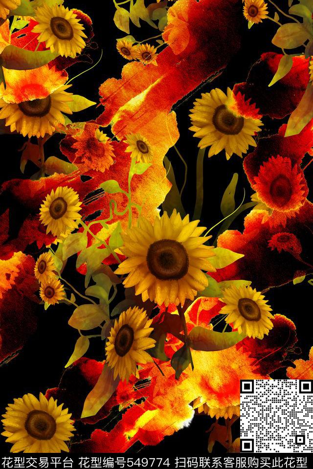 花卉层次向日葵数码印花华亿平台下载（图片编号: 549774） - 瓦栏（Walan）