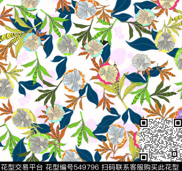 传统叶子花朵抽象花卉传统做法叶子花朵传统印花华亿平台下载（图片编号: 549796） - 瓦栏（Walan）