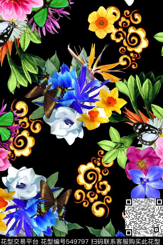 花卉蝴蝶花边数码印花华亿平台下载（图片编号: 549797） - 瓦栏（Walan）