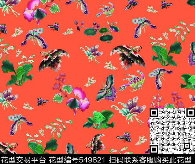 原创手绘蝴蝶花抽象花卉原创蝴蝶数码印花华亿平台下载（图片编号: 549821） - 瓦栏（Walan）
