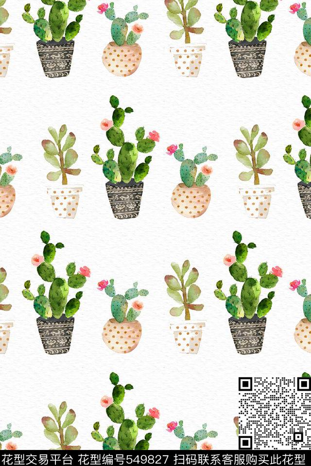 插画仙人掌小清新传统印花华亿平台下载（图片编号: 549827） - 瓦栏（Walan）