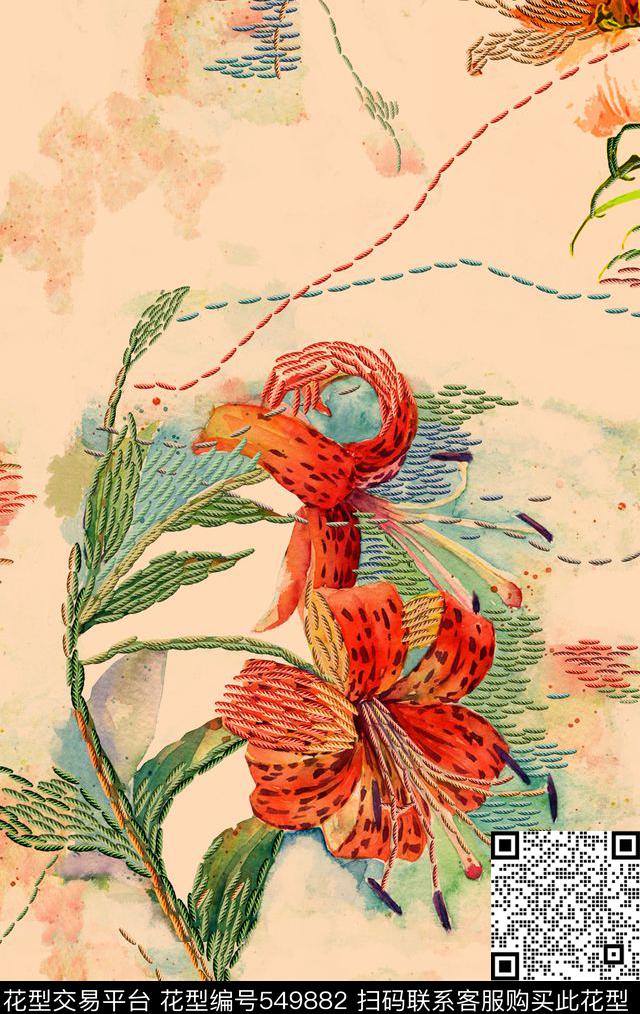 写意野百合绣线数码印花华亿平台下载（图片编号: 549882） - 瓦栏（Walan）