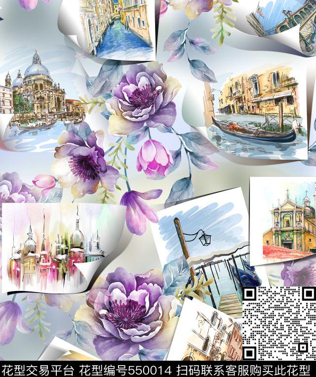 花绘建筑物休闲数码印花华亿平台下载（图片编号: 550014） - 瓦栏（Walan）